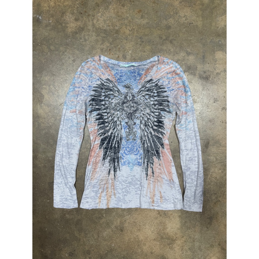 Maurices Womens M Wing Graphic Long Sleeve Shirt Burnout Blue Pink